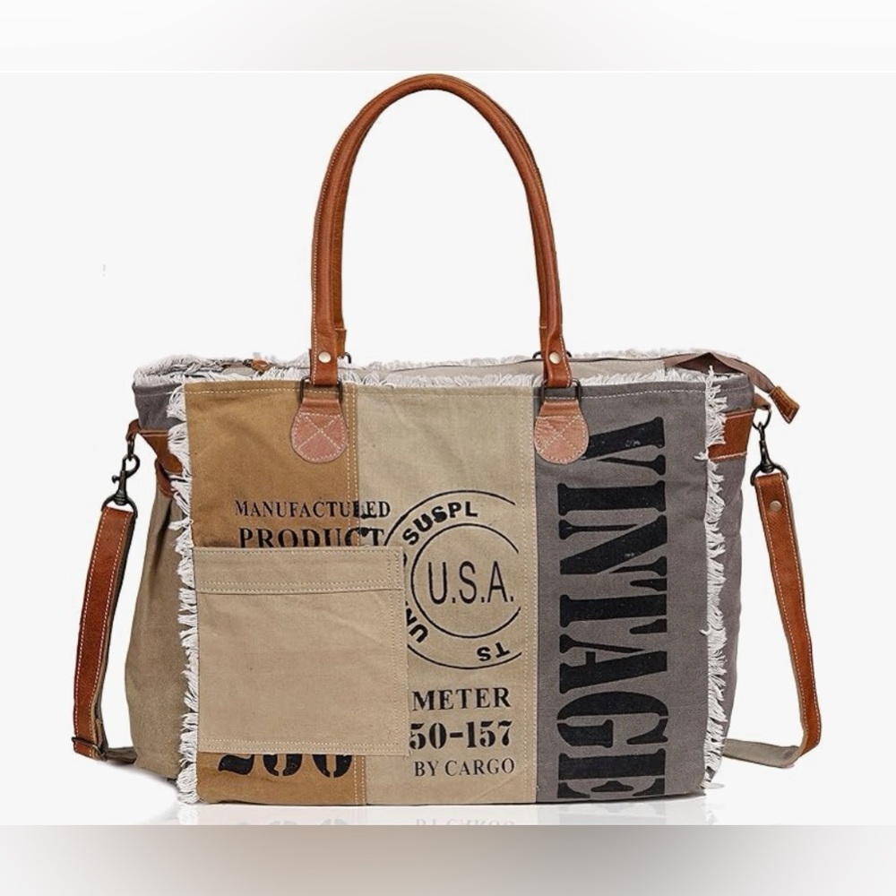 CLA Upcycled Bag - Large Canvas and Cowhide Leather Crossbody / Tote